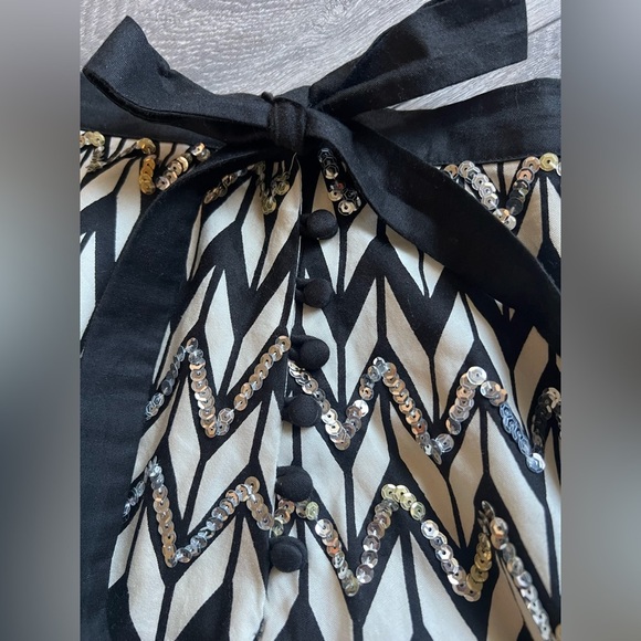 BcbgMaxAzria Black & Cream Chevron Tie Waist Cotton Sequin Midi A-line Skirt M - Picture 5 of 11